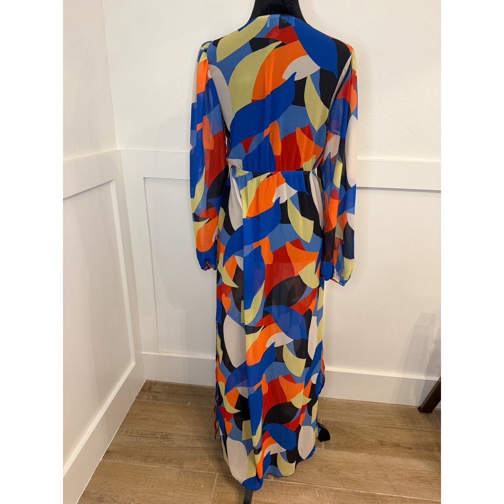 Beach Riot Abstract Print Tie Front Maxi Dress Blue Orange Long Sleeve Large - Picture 3 of 4
